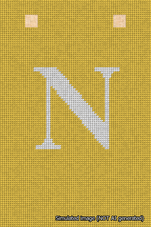A simulated image of the stitched needlepoint design: Banner 18m Squared N White on Yellow. Not A.I. generated.