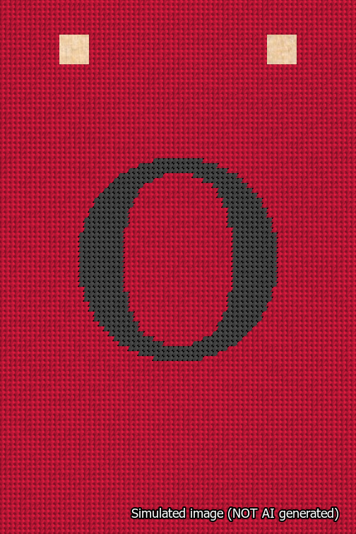 A simulated image of the stitched needlepoint design: Banner 18m Squared O Black on Red. Not A.I. generated.