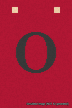 A simulated image of the stitched needlepoint design: Banner 18m Squared O Black on Red. Not A.I. generated.