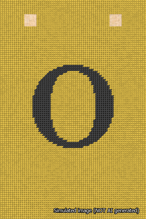 A simulated image of the stitched needlepoint design: Banner 18m Squared O Black on Yellow. Not A.I. generated.