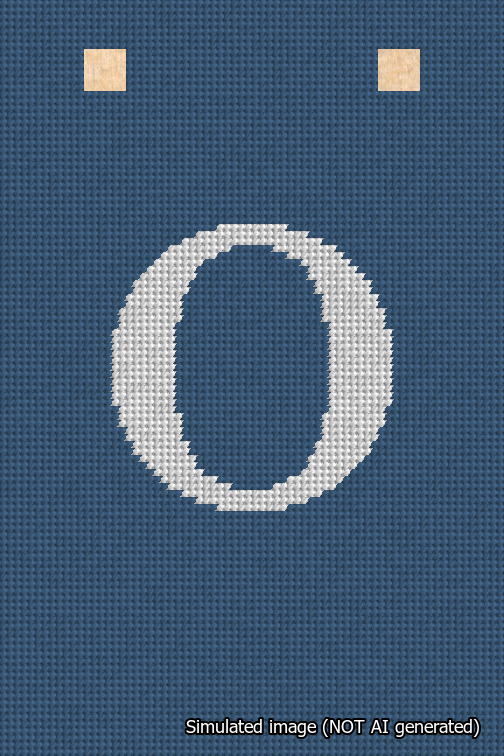 A simulated image of the stitched needlepoint design: Banner 18m Squared O White on Blue. Not A.I. generated.