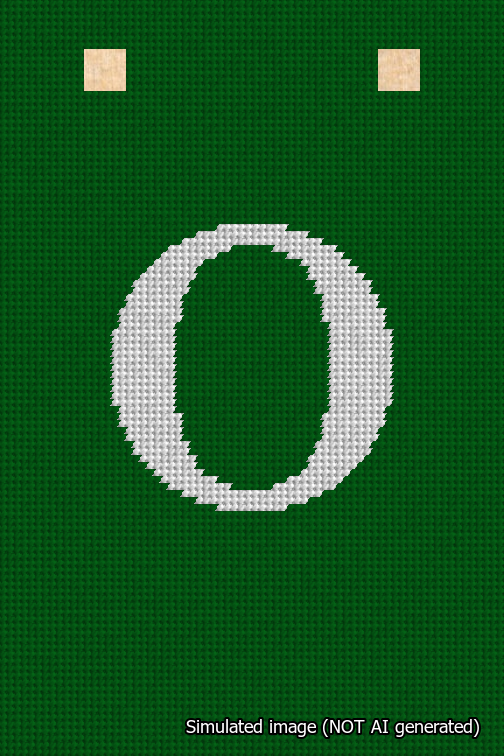 A simulated image of the stitched needlepoint design: Banner 18m Squared O White on Green. Not A.I. generated.