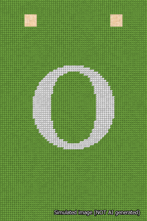 A simulated image of the stitched needlepoint design: Banner 18m Squared O White on Light Green. Not A.I. generated.