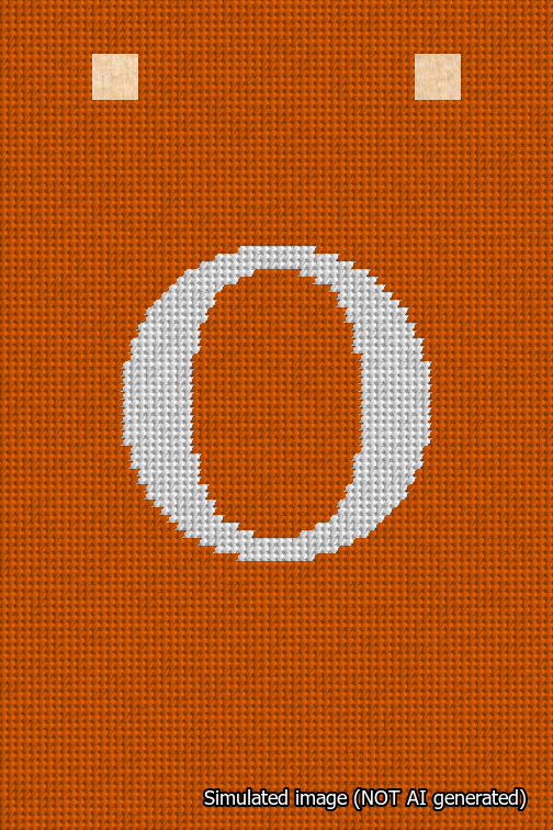 A simulated image of the stitched needlepoint design: Banner 18m Squared O White on Orange. Not A.I. generated.