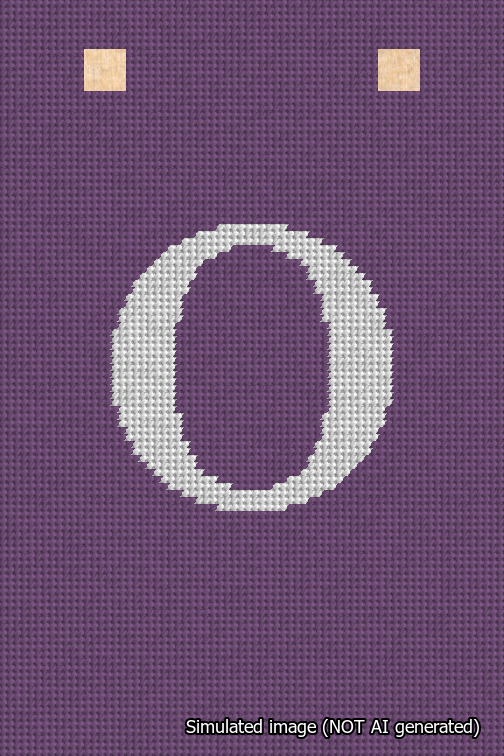 A simulated image of the stitched needlepoint design: Banner 18m Squared O White on Purple. Not A.I. generated.