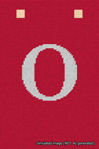 A simulated image of the stitched needlepoint design: Banner 18m Squared O White on Red. Not A.I. generated.
