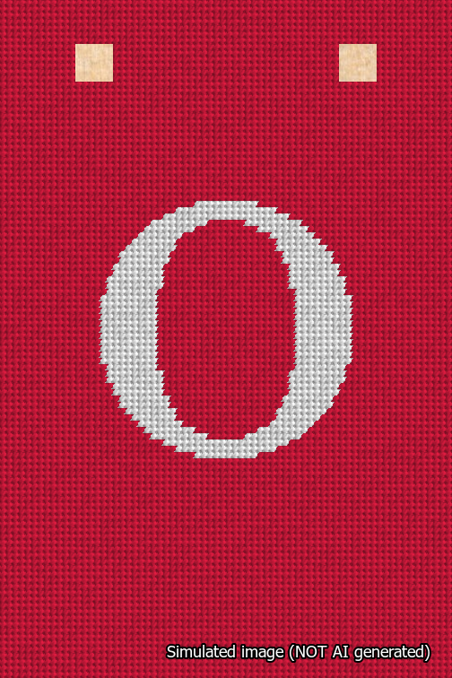 A simulated image of the stitched needlepoint design: Banner 18m Squared O White on Red. Not A.I. generated.