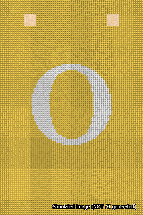 A simulated image of the stitched needlepoint design: Banner 18m Squared O White on Yellow. Not A.I. generated.
