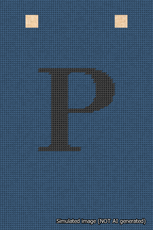 A simulated image of the stitched needlepoint design: Banner 18m Squared P Black on Blue. Not A.I. generated.