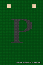 A simulated image of the stitched needlepoint design: Banner 18m Squared P Black on Green. Not A.I. generated.