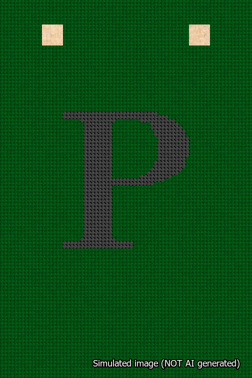 A simulated image of the stitched needlepoint design: Banner 18m Squared P Black on Green. Not A.I. generated.