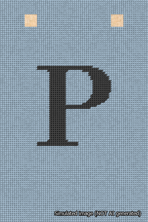 A simulated image of the stitched needlepoint design: Banner 18m Squared P Black on Light Blue. Not A.I. generated.