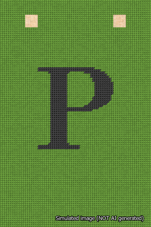 A simulated image of the stitched needlepoint design: Banner 18m Squared P Black on Light Green. Not A.I. generated.