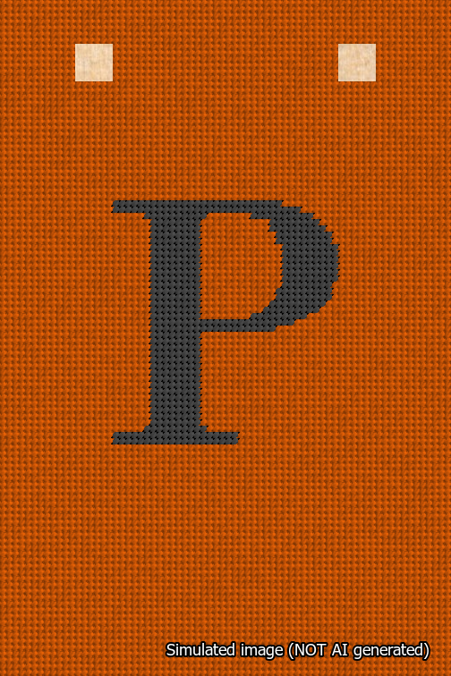 A simulated image of the stitched needlepoint design: Banner 18m Squared P Black on Orange. Not A.I. generated.