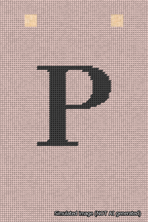 A simulated image of the stitched needlepoint design: Banner 18m Squared P Black on Pink. Not A.I. generated.