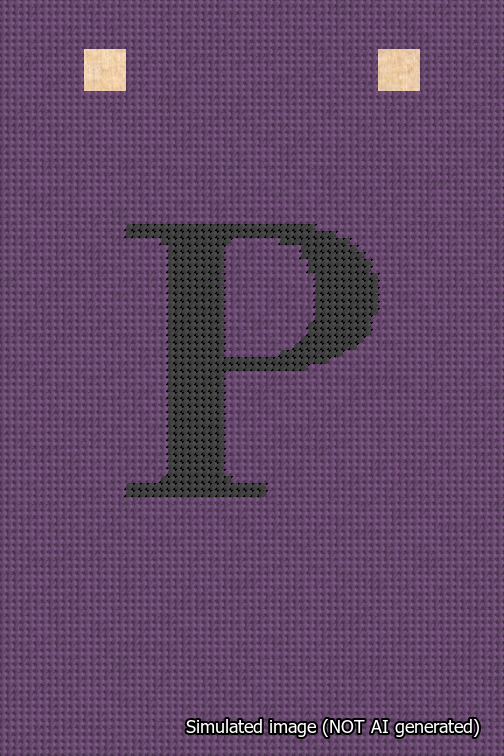 A simulated image of the stitched needlepoint design: Banner 18m Squared P Black on Purple. Not A.I. generated.
