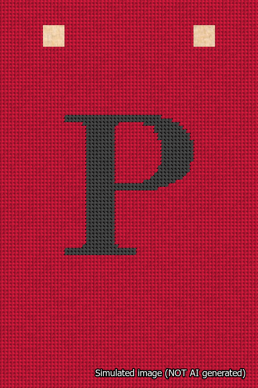 A simulated image of the stitched needlepoint design: Banner 18m Squared P Black on Red. Not A.I. generated.