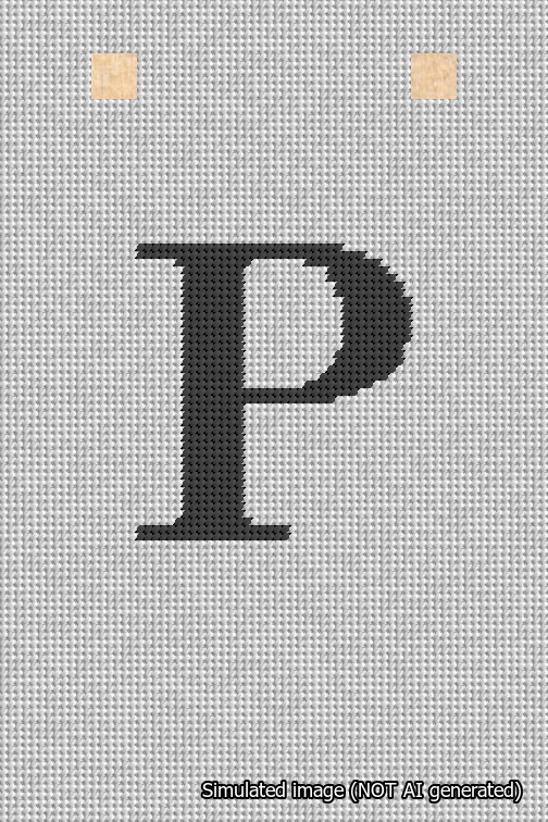 A simulated image of the stitched needlepoint design: Banner 18m Squared P Black on White. Not A.I. generated.