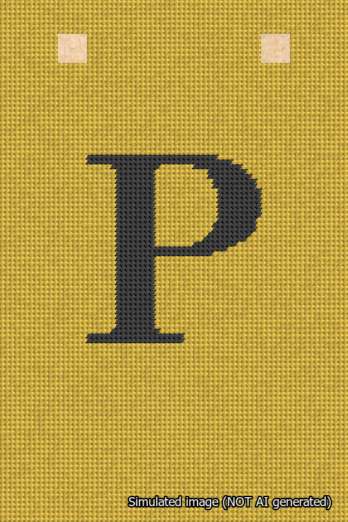 A simulated image of the stitched needlepoint design: Banner 18m Squared P Black on Yellow. Not A.I. generated.