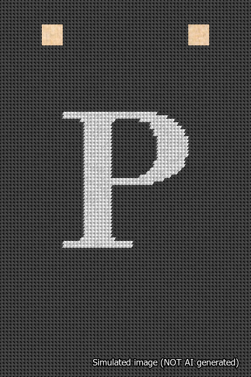 A simulated image of the stitched needlepoint design: Banner 18m Squared P White on Black. Not A.I. generated.