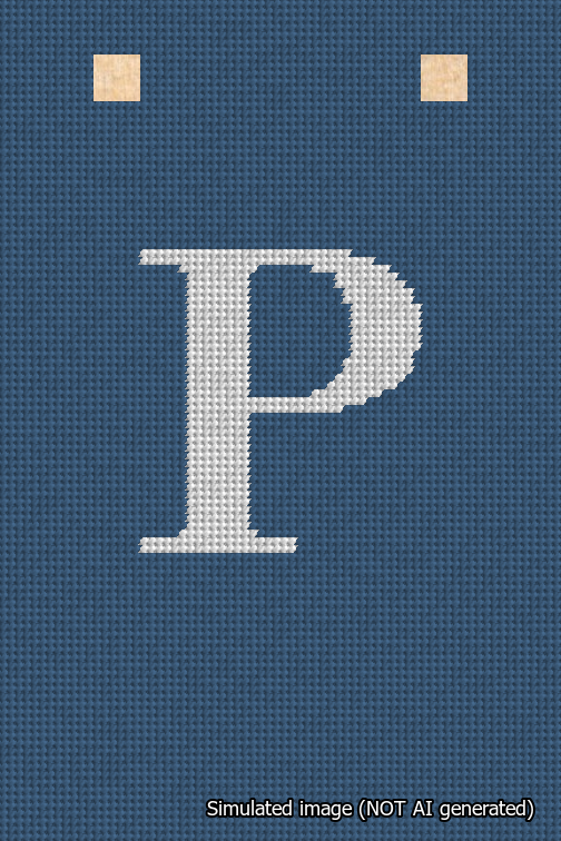 A simulated image of the stitched needlepoint design: Banner 18m Squared P White on Blue. Not A.I. generated.