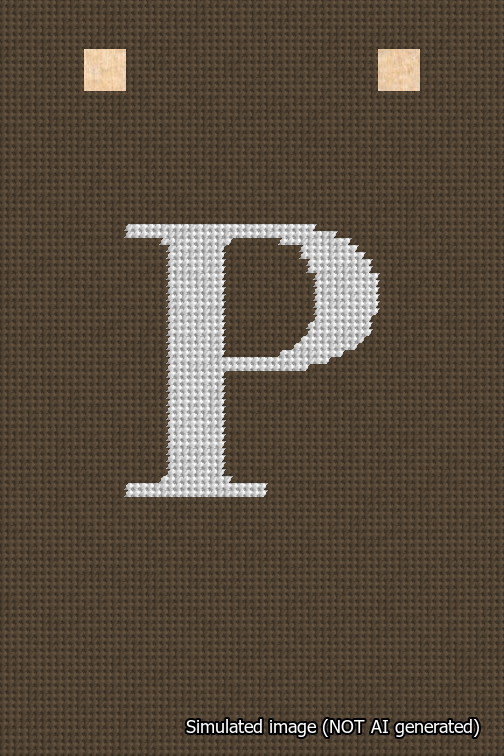 A simulated image of the stitched needlepoint design: Banner 18m Squared P White on Brown. Not A.I. generated.