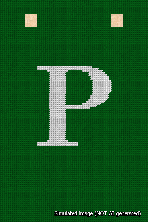 A simulated image of the stitched needlepoint design: Banner 18m Squared P White on Green. Not A.I. generated.