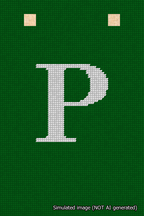 A simulated image of the stitched needlepoint design: Banner 18m Squared P White on Green. Not A.I. generated.