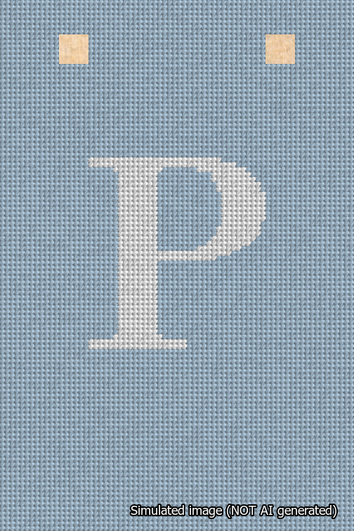 A simulated image of the stitched needlepoint design: Banner 18m Squared P White on Light Blue. Not A.I. generated.