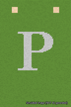 A simulated image of the stitched needlepoint design: Banner 18m Squared P White on Light Green. Not A.I. generated.