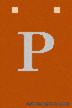 A simulated image of the stitched needlepoint design: Banner 18m Squared P White on Orange. Not A.I. generated.