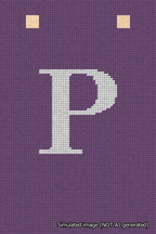 A simulated image of the stitched needlepoint design: Banner 18m Squared P White on Purple. Not A.I. generated.