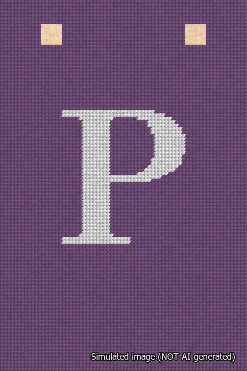 A simulated image of the stitched needlepoint design: Banner 18m Squared P White on Purple. Not A.I. generated.