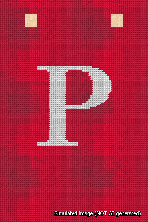 A simulated image of the stitched needlepoint design: Banner 18m Squared P White on Red. Not A.I. generated.