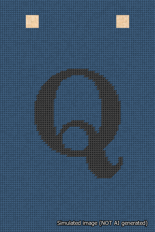 A simulated image of the stitched needlepoint design: Banner 18m Squared Q Black on Blue. Not A.I. generated.