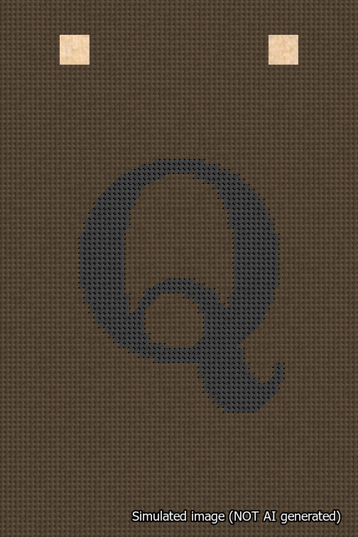 A simulated image of the stitched needlepoint design: Banner 18m Squared Q Black on Brown. Not A.I. generated.