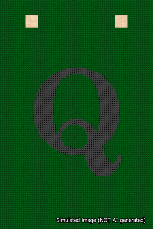 A simulated image of the stitched needlepoint design: Banner 18m Squared Q Black on Green. Not A.I. generated.