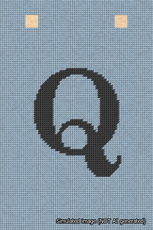 A simulated image of the stitched needlepoint design: Banner 18m Squared Q Black on Light Blue. Not A.I. generated.
