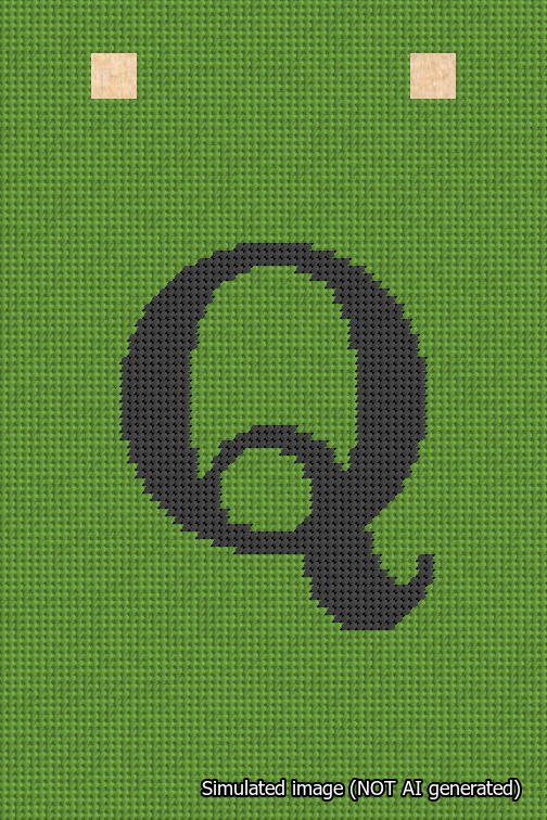 A simulated image of the stitched needlepoint design: Banner 18m Squared Q Black on Light Green. Not A.I. generated.