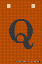 A simulated image of the stitched needlepoint design: Banner 18m Squared Q Black on Orange. Not A.I. generated.