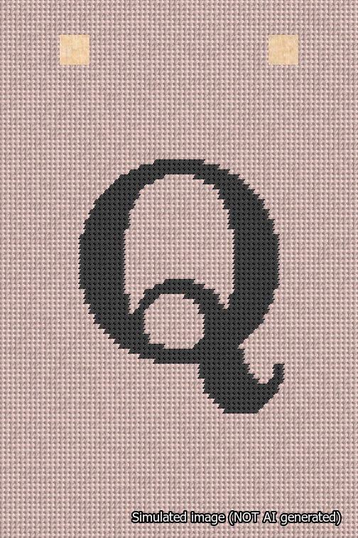 A simulated image of the stitched needlepoint design: Banner 18m Squared Q Black on Pink. Not A.I. generated.