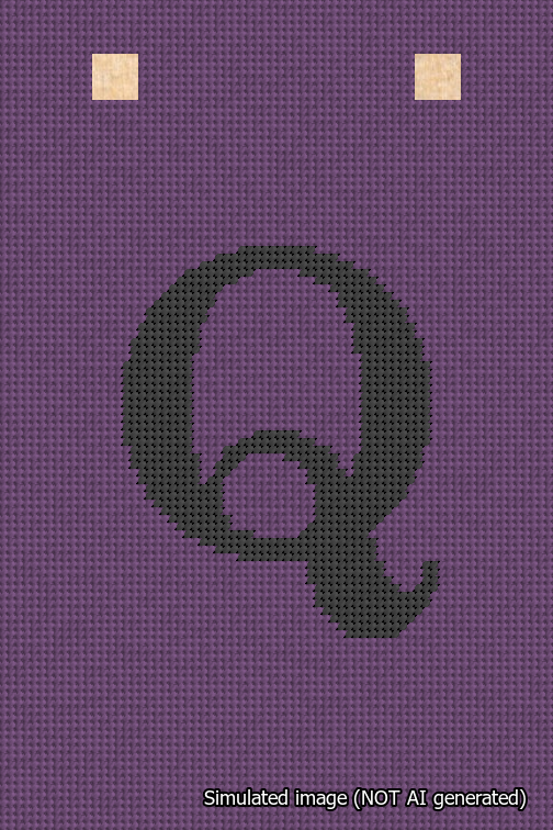A simulated image of the stitched needlepoint design: Banner 18m Squared Q Black on Purple. Not A.I. generated.