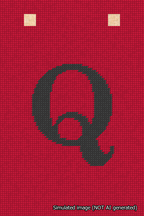 A simulated image of the stitched needlepoint design: Banner 18m Squared Q Black on Red. Not A.I. generated.