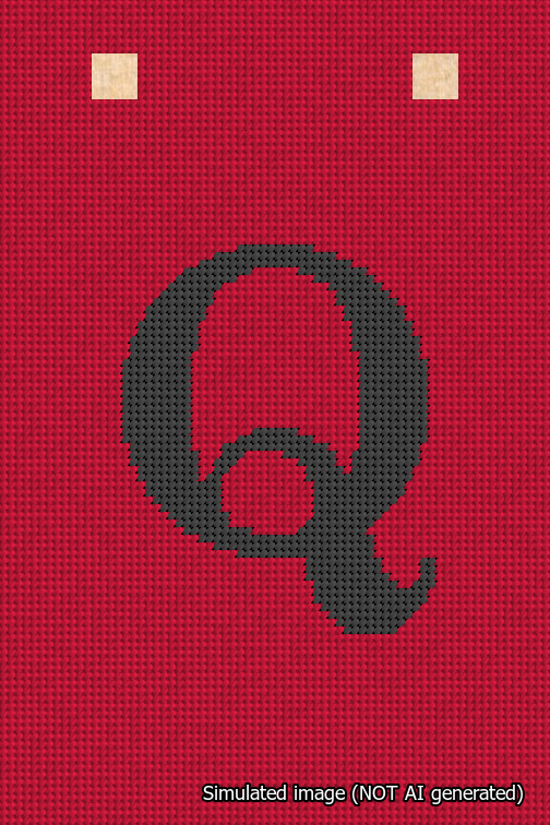 A simulated image of the stitched needlepoint design: Banner 18m Squared Q Black on Red. Not A.I. generated.