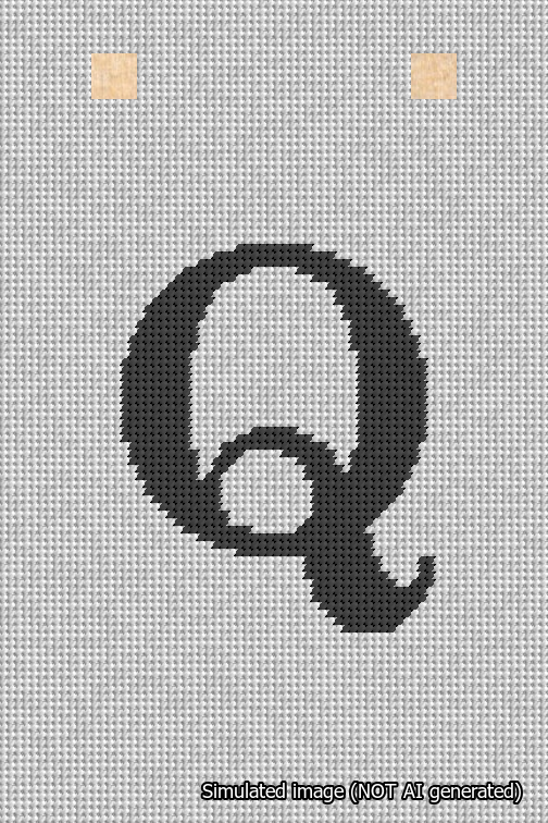 A simulated image of the stitched needlepoint design: Banner 18m Squared Q Black on White. Not A.I. generated.