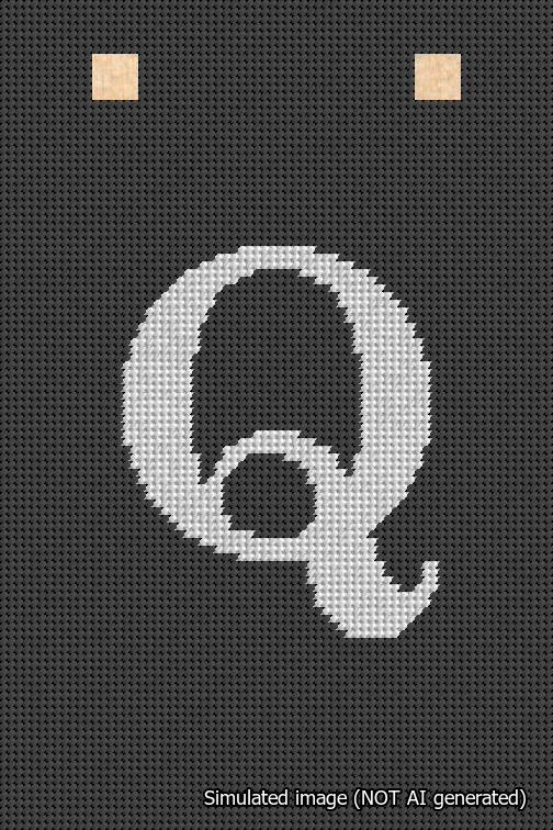 A simulated image of the stitched needlepoint design: Banner 18m Squared Q White on Black. Not A.I. generated.