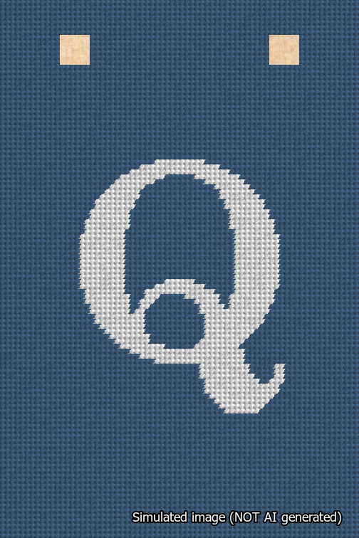 A simulated image of the stitched needlepoint design: Banner 18m Squared Q White on Blue. Not A.I. generated.
