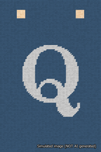 A simulated image of the stitched needlepoint design: Banner 18m Squared Q White on Blue. Not A.I. generated.