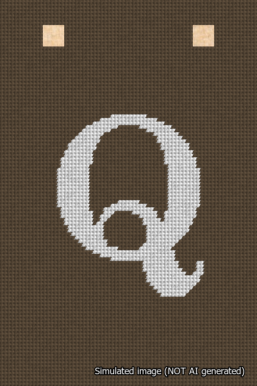 A simulated image of the stitched needlepoint design: Banner 18m Squared Q White on Brown. Not A.I. generated.
