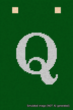 A simulated image of the stitched needlepoint design: Banner 18m Squared Q White on Green. Not A.I. generated.